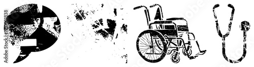 Stethoscope and wheelchair rendered in distressed black and white, medical symbols, healthcare, gritty texture, medical equipment, accessibility.