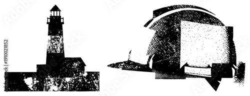 Black and white halftone lighthouse and submarine vector graphics, maritime, isolated foreground, stylized nautical symbols, graphic design elements.