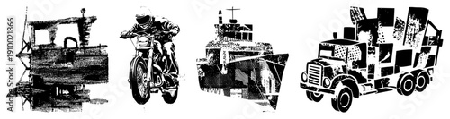 Retro styled motorcycle rider, snowplow truck, vintage dump truck, halftone vector art, black and white graphic design, industrial transport.