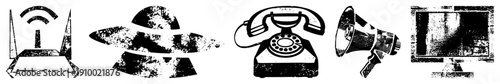 Retro telephone, megaphone, UFO, Wi Fi router, and CRT monitor rendered in gritty vector art, tech nostalgia, analog digital contrast.