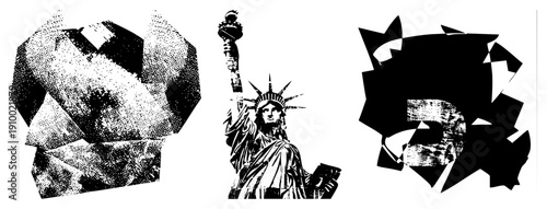 Stylized Liberty statue rendered in halftone dots, fragmented geometric shapes, bold black and white vector art, symbol, graphic design element.