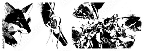 Graphic vector art of wolf head, hand gripping sword, warrior, black and white halftone, bold, geometric, isolated foreground elements.