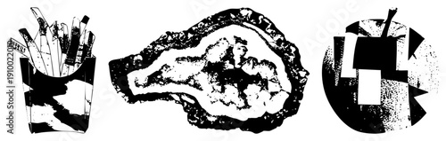 Vector illustration trio stylized french fries, oyster, and fragmented circular forms. Halftone texture, bold,. Food meets abstract design.