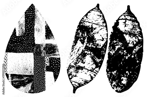 Stylized teardrop and leaf shapes rendered in halftone, vector art, graphic design elements, abstract composition, geometric textures.