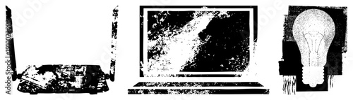 Retro tech rendered in halftone style laptop with screen, wireless router, glowing bulb. Digital and analog symbols for innovation, connectivity, and ideas.