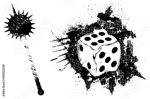 Broken six sided die surrounded by ink splatters and shapes, vector art, gaming, hazard symbol, risk motif, black and white illustration.