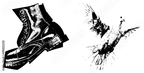 Black and white halftone boot with ornate lacing, paired with dynamic bird in flight, both rendered as vector cutouts with textured shading and stark contrast.