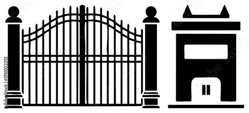 Decorative wrought iron gate with vertical bars and finials, paired with a classical archway structure, both rendered as bold black vector silhouettes, ideal for or design.