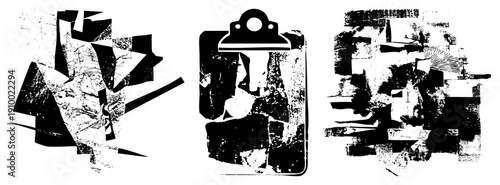 Fragmented black and white graphic art with distressed textures, angular shapes, and halftone grain, ideal for modern design or use.