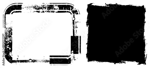 Two black and white rectangular frames with rough, grungy borders, distressed textures, and high contrast edges, ideal for graphic design or vintage.