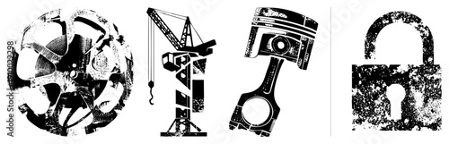 Film reel, crane, piston, padlock mechanical symbols with gritty halftone texture, engineering tools, industrial design, mechanical components, vector cutouts.