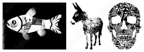 Abstract animal forms rendered in halftone, stylized fish,, skull, graphic design, vector illustration, art, isolated shapes.