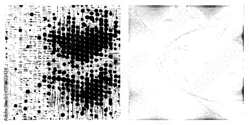 Black ink splatters over halftone grid, abstract texture, graphic design element, vector, digital art, printmaking effect, composition.