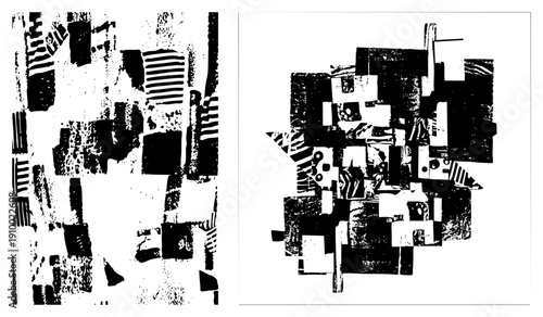 Fragmented black and white graphic with bold shapes, halftone textures, and layered forms, abstract art, vector design, modern minimalism.