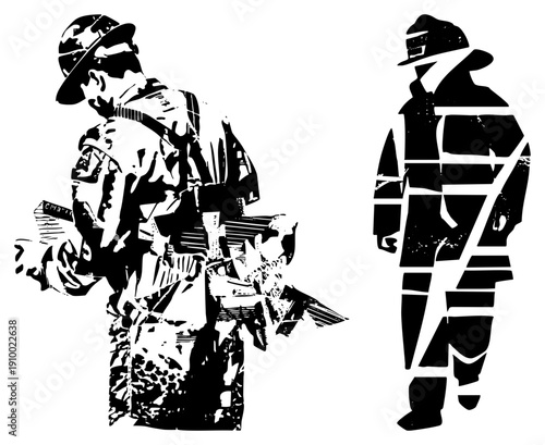 Bold black and white vector silhouettes of two figures, one in military gear with rifle, other in trench coat and fedora, graphic art style, isolated foreground elements.