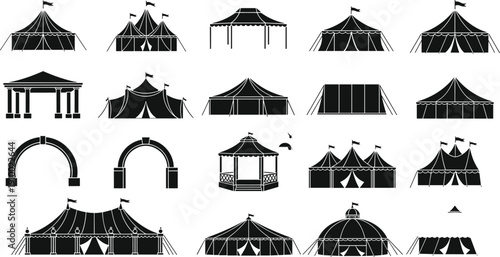 Black silhouette icons of tents, gazebos, arches, and pavilions in various styles for event planning, architecture, and outdoor structure design themes