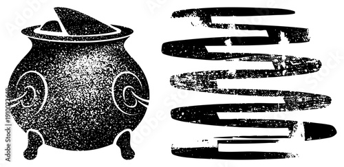 Magical cauldron with ornate swirls and lid, paired with stylized grimoire symbol, vector art with halftone grain and distressed ink effect.