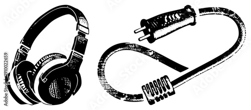 headphones with wired connection, electrical plug,, music gear, listening device, headphone jack, sound equipment.