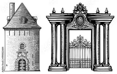 Vintage engraved gate with columns and, medieval stone tower with door and gabled roof, architectural vector illustration.