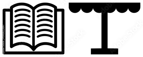 Open book symbolizing knowledge, learning, or reading, paired with canopy stand for display or presentation, minimalist vector design, educational or retail context.