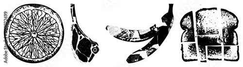 Halftone style food citrus section, lamb chop, banana peel, sliced bread. Minimalist glyph art for culinary design, nutrition graphics, or food packaging.