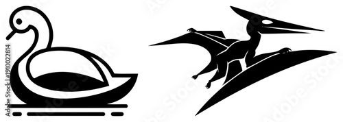 Elegant swan silhouette floating on water, pterosaur in flight, both rendered as bold black, flat vector art, isolated graphic elements.