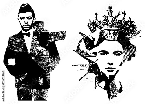 Monarch portrait with ornate crown, headshot, servant in tuxedo, black and white vector art, stylized figures, graphic design elements.
