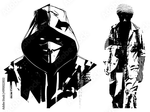 Graphic illustration of two hooded and masked characters, streetwear fashion, urban art style, high contrast, graffiti inspired design.