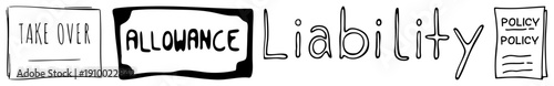Legal vocabulary rendered as stylized paper notes "TAKE OVER," "ALLOWANCE," "Liability," "POLICY," with sketchy and handwritten fonts, ideal for legal education or infographic design.
