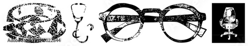 Stethoscope, eyeglasses, office chair, and coffee cup rendered as gritty vector, distressed texture,, medical and office equipment symbols.