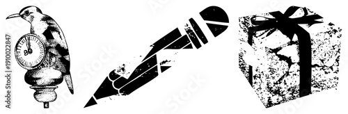 Stylized bird clock, fractured pencil, weathered gift box, halftone texture, vector art, design, isolated symbols, creative tools.