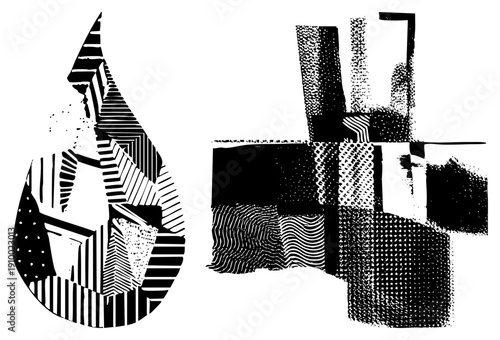 Stylized graphic shapes using halftone dots, hatching, and wavy, abstract composition, vector art, design, graphic illustration.