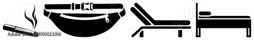 Set of four black and white vector smoking cigar, fanny pack, lounge chair, and bed. Minimalist, flat design for UI or graphic projects.