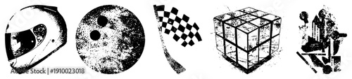Set of five vector racing helmet, bowling ball, checkered flag, ’s cube, abstract cityscape., distressed texture, isolated elements for design use.