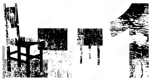 Distressed black and white chair and table vector with gritty texture, minimalist furniture, graphic design elements, digital illustration, stylized interior decor.