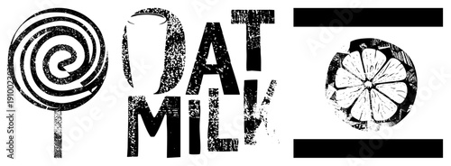 Graphic design featuring oat milk branding with lollipop, citrus slice, and bold text, distressed texture, minimalist style, vegan beverage.