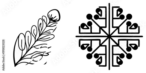 Stylized leaf with flowing and abstract snowflake with symmetrical arms, both in black, ideal for UI design or branding.