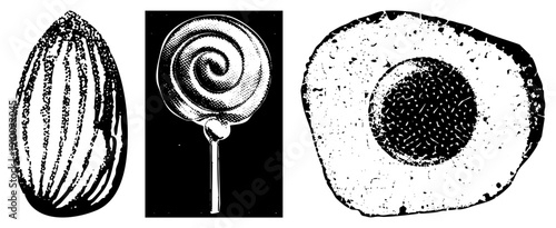 Retro styled halftone prints of sweet treats and fruit, stylized with dot, isolated vector graphics, classic candy art, food illustration.