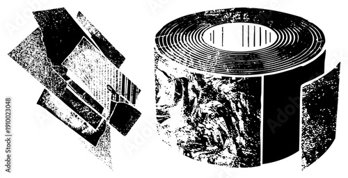 Stylized black and white vector forms with halftone grain, layered angular shapes and cylindrical cutouts, graphic design elements, isolated foreground.