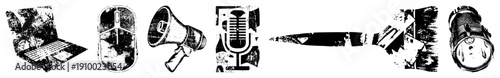 Laptop, computer mouse, megaphone, microphone,, spotlight distressed vector, retro tech, communication tools, urban grit, design.