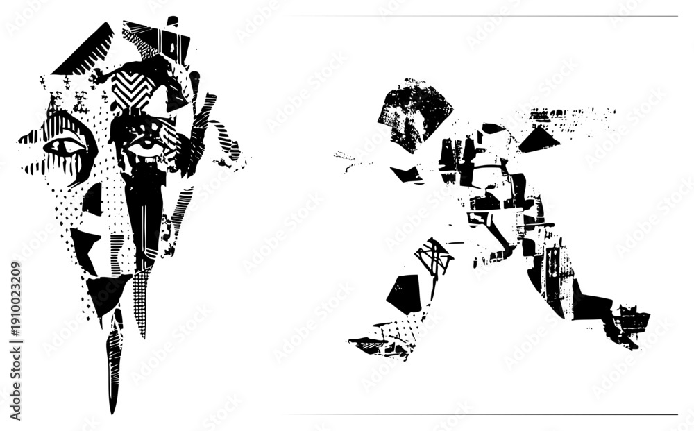 Fototapeta premium Stylized human forms composed of geometric, halftone textures, and graphic, rendered in high contrast vector art, ideal for modern design or use.