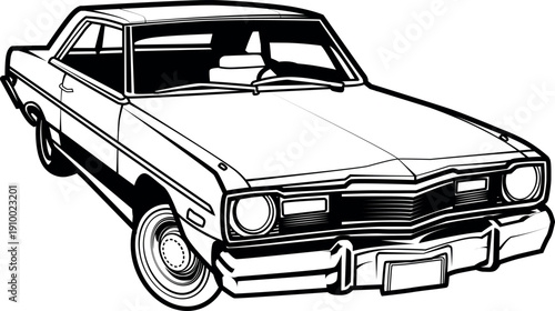 Classic American muscle car sedan vector from the 70s. Black and white outline with bold shading. Ideal for retro posters, t-shirts, and coloring books.