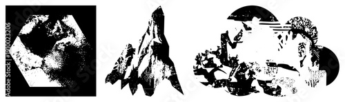 Stylized mountain peaks rendered in high contrast halftone, geometric shapes, vector art, isolated foreground, graphic design elements, modern minimalism.