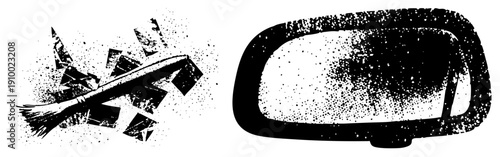 Artistic brushstroke with ink splatter effect, car side mirror with speckled texture, graphic design element, halftone print style, vector illustration.