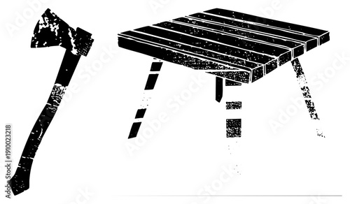 Rustic with worn handle beside slatted wooden table, distressed texture, vector illustration, outdoor tools, cabin furniture, woodcraft equipment.