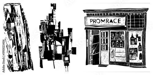 Stylized black and white urban buildings, geometric cityscape, storefront with “PROMRACE” sign, architectural sketch, vector illustration, urban design elements.
