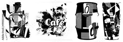 Halftone, geometric café logo with bold typography. Stylized “Café” abstract bg. Modern coffee brand design.