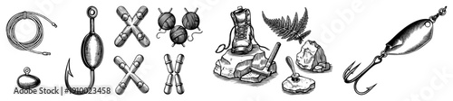 Fishing hooks, sinkers, lures, yarn spools, hiking boot, fern, rocks, and tools outdoor gear, angler equipment, wilderness symbols, vector illustrations.