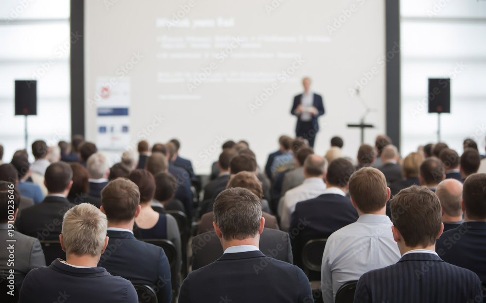 Obraz premium Audience engaged in a professional conference with a speaker presenting on stage