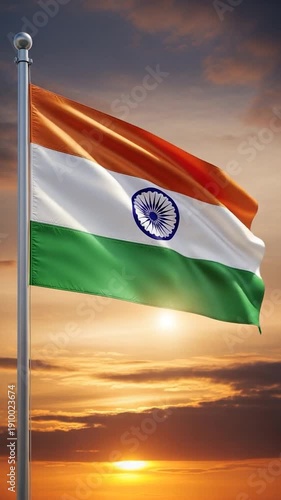 Indian Flag Against a Vibrant Sunset: The Indian flag, a symbol of pride and unity, flutters gracefully against a backdrop of a breathtaking sunset.